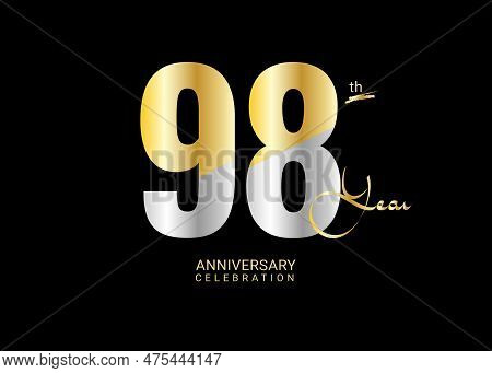 98 Years Anniversary Celebration Gold And Silver Vector Template, 98 Number Logo Design, 98th Birthd