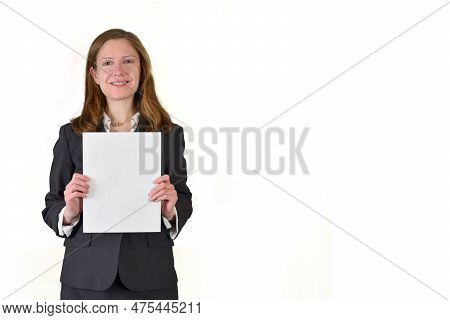 Business Woman In Charcoal Suit Holding An 8.5