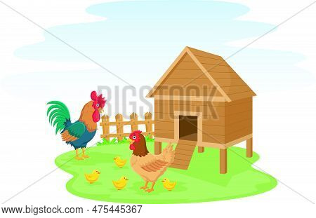 Vector Illustration Of Cute Chicken Family With Henhouse