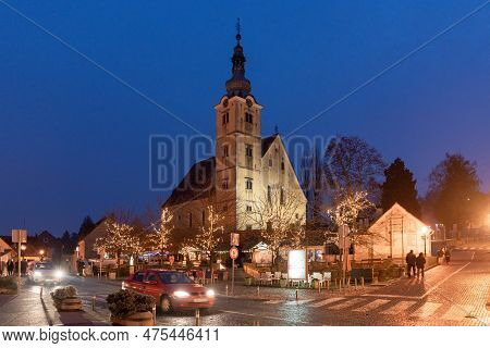 Samobor, Croatia - December 30, 2020: Sightseeing Samobor Town Close To Zagreb, Croatia. Late Evenin