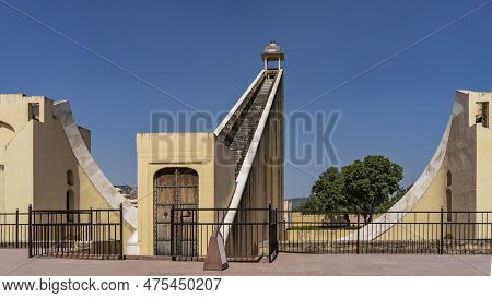 The World's Largest Sundial Samrat Yantra In The Ancient Observatory Of Jantar Mantar. A High Stairc