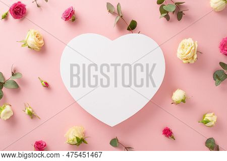 A Stunning Display Of Natural Backdrop With Top View Flat Lay Featuring Elegant Rose Flowers And Euc