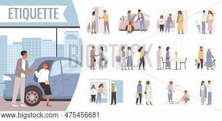 Etiquette Rules Set Of Isolated Compositions With Flat Characters Of People Offering Homage In Vario
