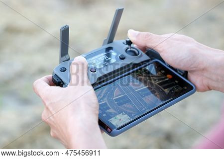 November 5, 2018 In Bangkok, The Hands Of A Man. Use A Remote Control That Connects To The Smartphon