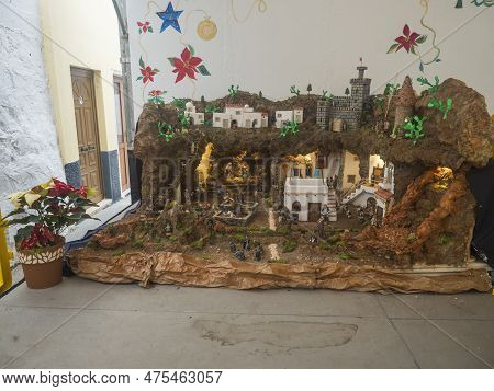 Agulo, La Gomera, Canary Islands, Spain, December 27, 2021: Big Old Realistic Nativity Scene With Ch