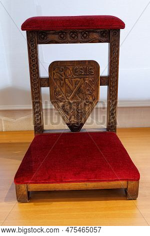 Inlaid Wooden Kneeler Exhibited Inside The Sagrada Familia, Barcelona, Spain.