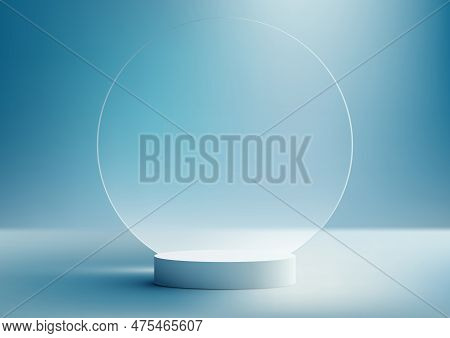 3d Realistic White Podium Stand With Circle Transparent Glass Backdrop And Natural Light On Minimal 