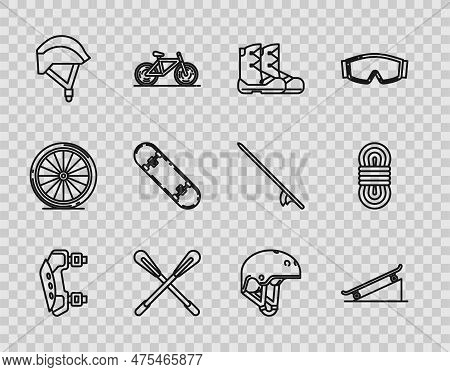 Set Line Knee Pads, Skateboard On Street Ramp, Boots, Crossed Paddle, Bicycle Helmet, Trick, Helmet 