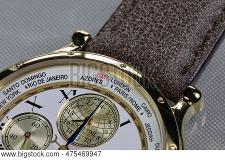Close Up On Time Zone Cities Name On Luxury World Time Watch Bezel On Gmt, London, Paris, Rome, Azor