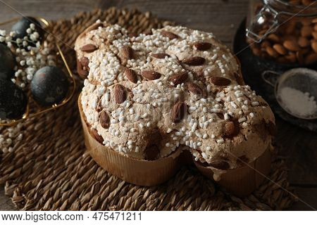 Delicious Italian Easter Dove Cake (traditional Colomba Di Pasqua) On Wooden Table