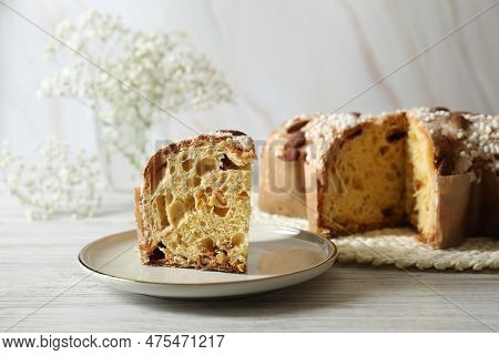 Delicious Italian Easter Dove Cake (traditional Colomba Di Pasqua) On White Wooden Table, Space For 