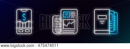 Set Line Office Folders, Mobile Stock Trading And Business Finance Report Icon. Glowing Neon. Vector