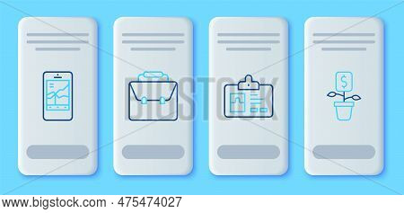 Set Line Briefcase, Identification Badge, Mobile Stock Trading And Dollar Plant Icon. Vector