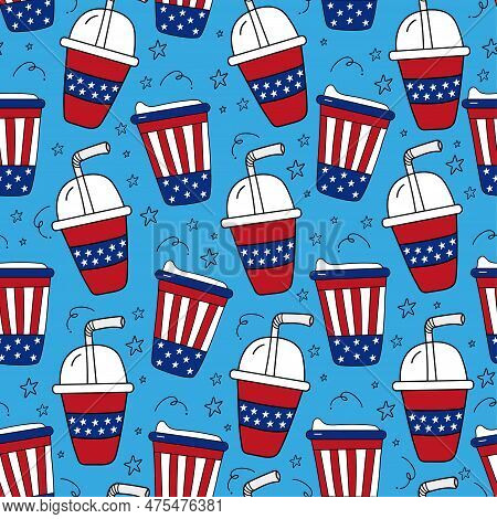 Amrican Colors Coffee Cups Seamless Pattern - Hand Drawn Take Away Coffee Cups. Good For Wrapping Pa