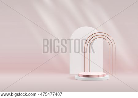 Metallic Product Podium Background With Tripple Pink Gold And White Arch. Premium Abstract Vector Sh