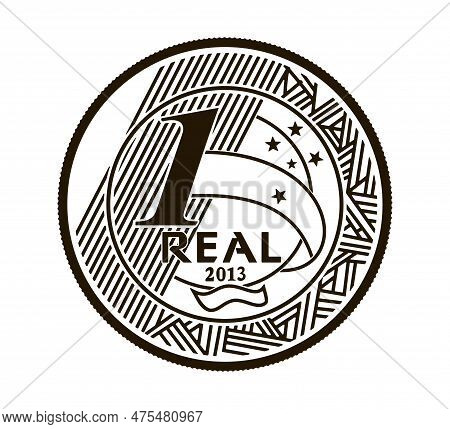 One Real Brazilian Coin Money. Reverse On White Background.	Black And White.