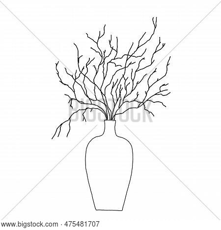 Drawing Of Dry Shrub Branches In A Decorative Vase, Hand-drawn, Linart. High Resolution, Suitable Fo