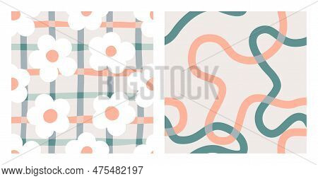 1970 Daisy Seamless Pattern Pack With Trippy Grid And Squiggle. Naive Groovy Background. Doodle Boho