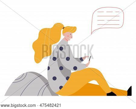 Young Girl Chatting Use Smartphone Outdoor Near Stone Line Speech Bubble Vector Flat Illustration