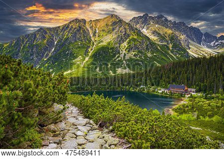 Picturesque Panoramic View Of Popradske Pleso, Tatra Mountains, Slovakia. Lake Popradske Pleso With 