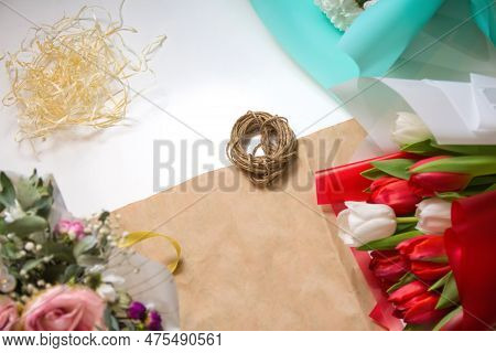 Flowers Shop Top View. Composition With Flowers And Rope On Craf