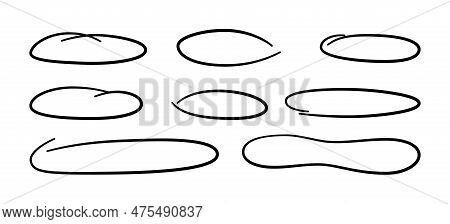 Hand Drawn Long Circle Ovals Set. Ellipses Of Different Widths. Highlight Circle Frames. Elipses And