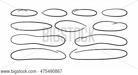 Hand Drawn Long Circle Ovals Set. Ellipses Of Different Widths. Highlight Circle Frames. Elipses And