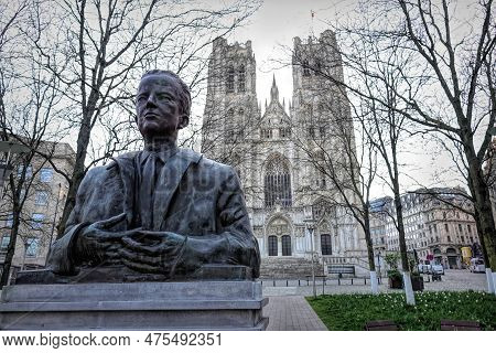 Brussels, Brabant, Belgium 04 27 2023 Wide Angle Shot On The Statue Of King Baudouin From Belgium, M