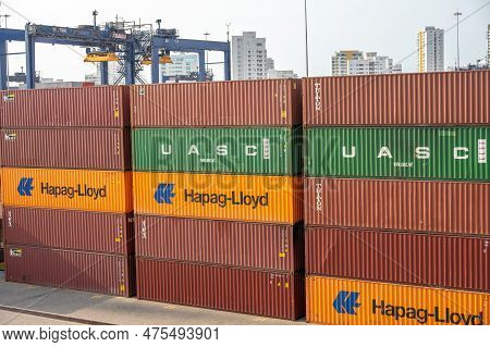 Cartagena, Columbia - March 31, 2023: Shipping And Port Facilities At Caragena, Columbia.