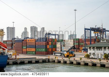 Cartagena, Columbia - March 31, 2023: Shipping And Port Facilities At Caragena, Columbia.