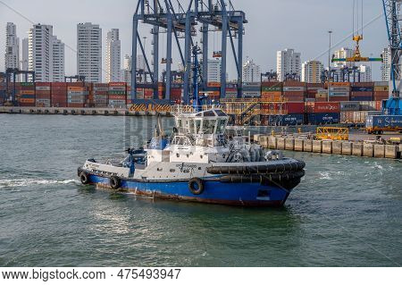 Cartagena, Columbia - March 31, 2023: Shipping And Port Facilities At Caragena, Columbia.