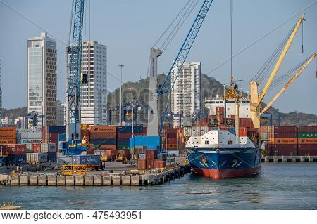 Cartagena, Columbia - March 31, 2023: Shipping And Port Facilities At Caragena, Columbia.