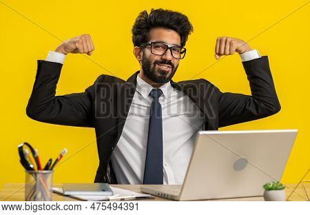I Am Strong And Independent. Indian Leader Businessman Showing Biceps And Looking Confident Feeling 