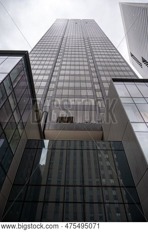 Hoston, Texas - April 8, 2023: Looking Up At Skyscrapers In The Financial Districk Of Houston.