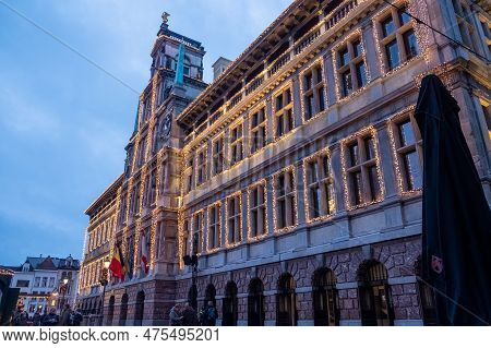 5th Of January 2023, Antwerp, Belgium, Night Scene Of Antwerp City Hall In The Grote Markt Or Main S