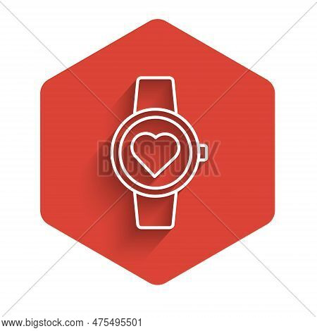 White Line Smart Watch Showing Heart Beat Rate Icon Isolated With Long Shadow. Fitness App Concept. 