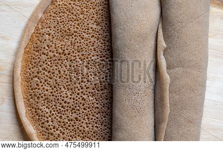 Close Up Of Injera, Sour Fermented Pancake-like Flatbread With Spongy Texture Popular In Ethiopia An
