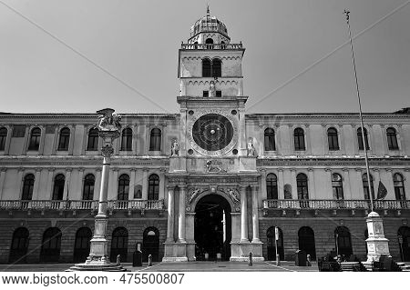 Historic Clock Tower In Plazza Dei Signori In The City Of Padua, Italy, Monochrome