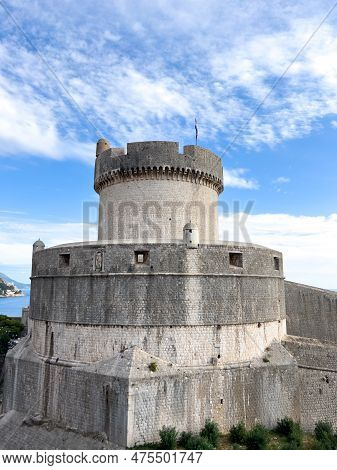 Ancient Stone Tower Of Minceta Against The Sky. Dubrovnik, Croatia