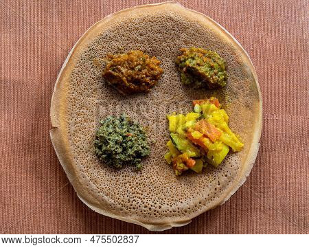 Injera With Lentils And Vegetables, Sour Fermented Pancake-like Flatbread Which Is A Staple Food Of 