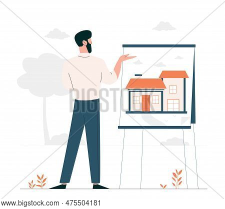 Building Your House. Man Stands In Front Of Slide And Looks At Presentation Of Building. Mortage And