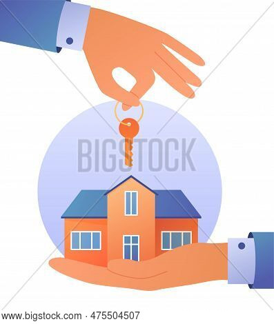 Buy House Concept. Large Hands Hold Keys And Building. Realtor Offers Real Estate Deal, Private Prop