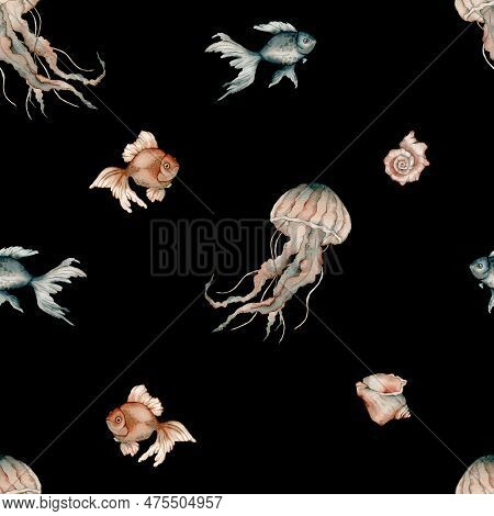 Seamless Pattern With Watercolor Ocean Shell, Fish Aquarium, Jellyfish, Medusa. Hand Painted Seashel
