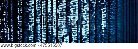 Blue Digital Binary Data Code On Screen. Abstract Tech Binary Code Background In Color Blue, Digital