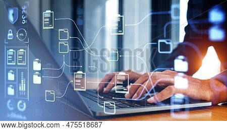 Businessman Texting In Laptop, Closeup Fingers Typing. Double Exposure Online Documentation System A