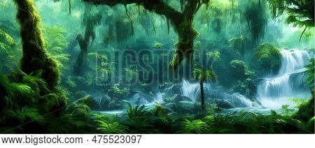 Green Tropical Rainforest With Waterfall And Stones On A Sunny Day, Wildlife Vector Illustration, Na