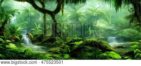 Green Tropical Rainforest With Waterfall And Stones On A Sunny Day, Wildlife Vector Illustration, Na