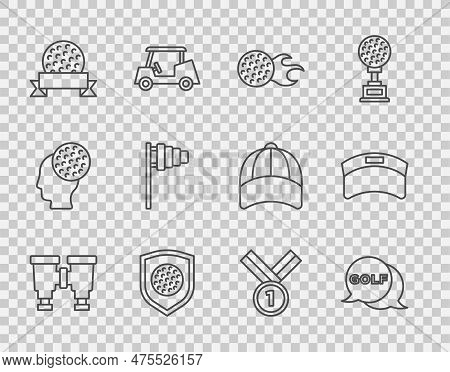 Set Line Binoculars, Golf Label, Ball, With Shield, Flag, Medal Golf And Sun Visor Cap Icon. Vector