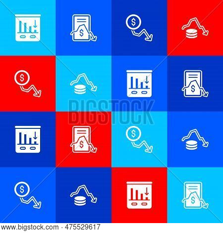 Set Pie Chart Infographic, Mobile Stock Trading, Dollar Rate Decrease And Icon. Vector