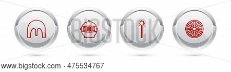 Set Line Medieval Iron Helmet, , Chained Mace Ball And Old Wooden Wheel. Silver Circle Button. Vecto